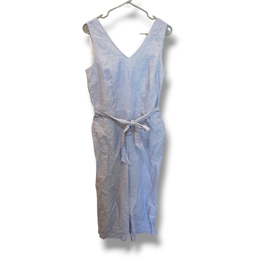 Talbots Jumpsuit Womens 6 Blue White Pinstripe Linen Blend Belt Wide Leg Coastal